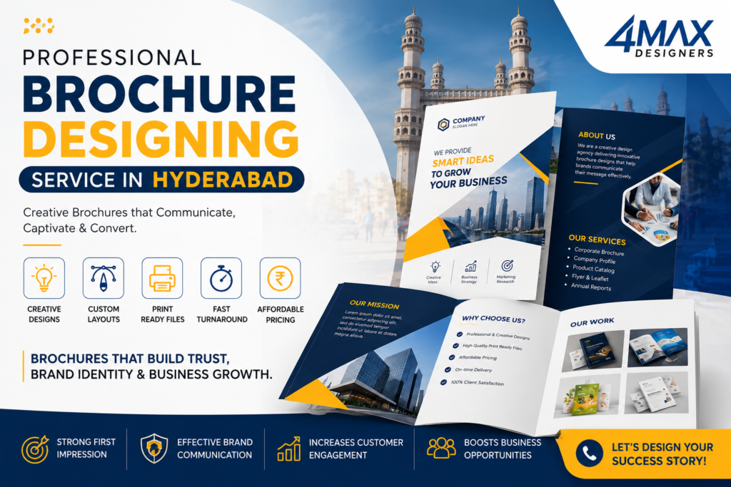 Professional Brochure Designing Service in Hyderabad for corporate brochures, company profiles, product catalogs, flyers, and marketing materials by 4 Max Designers
