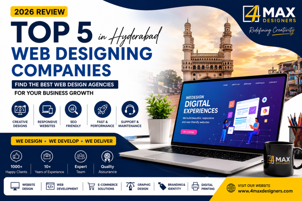 Top 5 Web Designing Companies in Hyderabad 2026 Review featuring responsive website design, web development, UI UX design, branding, and graphic design services by 4 Max Designers