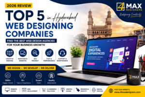 Top 5 Web Designing Companies in Hyderabad 2026 Review featuring responsive website design, web development, UI UX design, branding, and graphic design services by 4 Max Designers