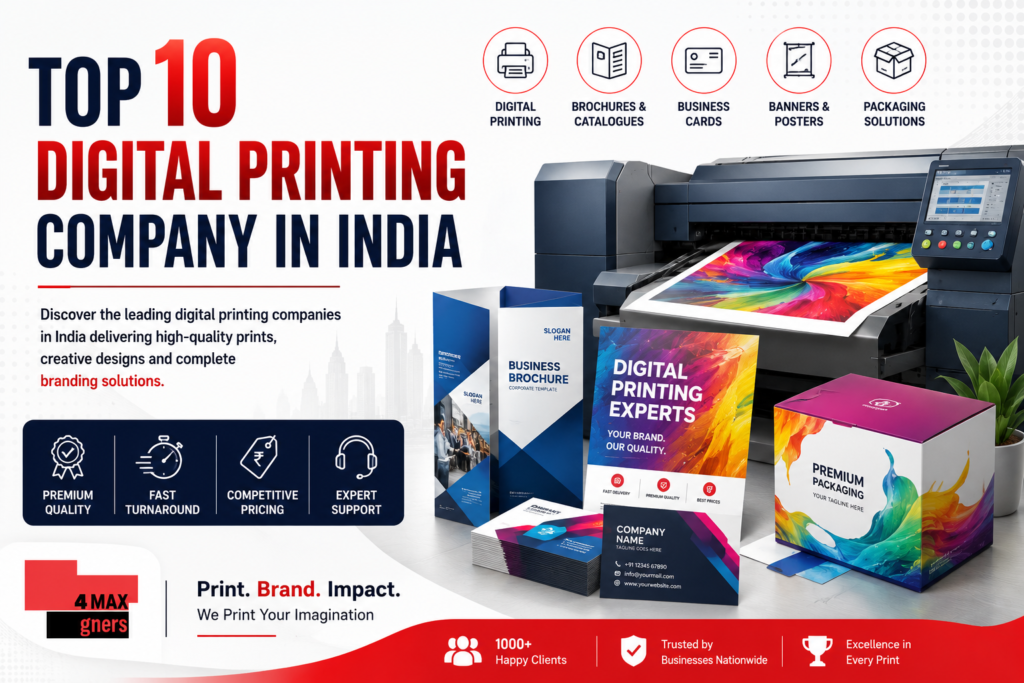 Top 10 digital printing company in India offering premium brochure printing, business cards, flyers, banners, packaging, branding, and commercial printing services by 4 Max Designers