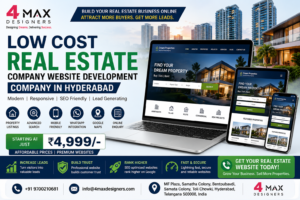 Modern real estate company website displayed on desktop and mobile devices featuring property listings, apartments, villas, commercial projects, Google Maps, WhatsApp integration, and SEO-friendly website development by 4 Max Designers in Hyderabad