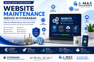 Website Maintenance Service in Hyderabad including website security, WordPress updates, backups, speed optimization, SEO maintenance, bug fixing, and technical support by 4 Max Designers