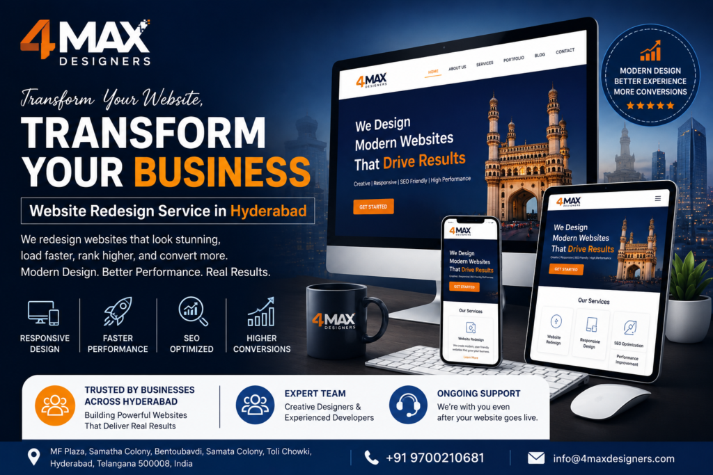 Website Redesign Service in Hyderabad by 4 Max Designers offering responsive website redesign, modern UI/UX, SEO optimization, mobile-friendly development, and professional business website solutions.
