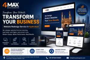 Website Redesign Service in Hyderabad by 4 Max Designers offering responsive website redesign, modern UI/UX, SEO optimization, mobile-friendly development, and professional business website solutions.