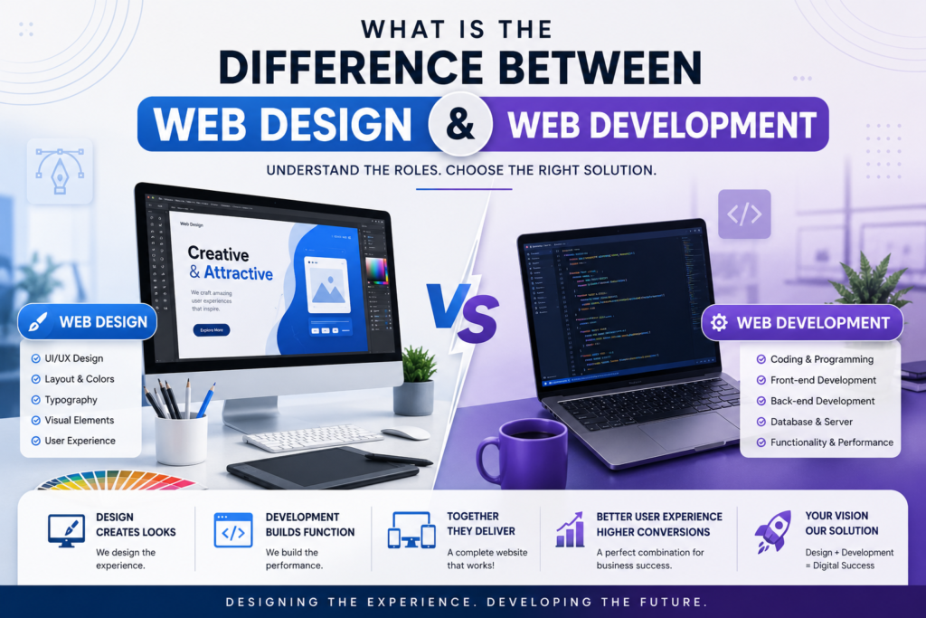 Professional illustration explaining What is the Difference Between Web Design & Web Development by 4 Max Designers.