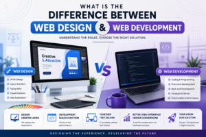 Professional illustration explaining What is the Difference Between Web Design & Web Development by 4 Max Designers.