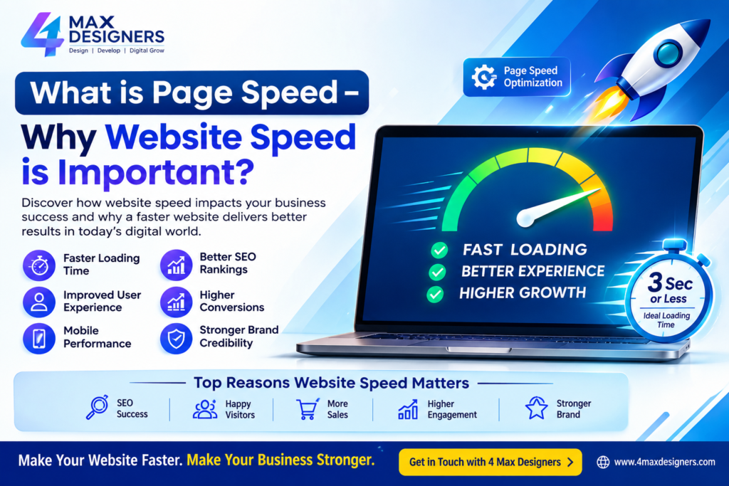 Professional illustration explaining What is Page Speed – Why Website Speed is Important? with website performance, Core Web Vitals, SEO, and fast loading optimization by 4 Max Designers.