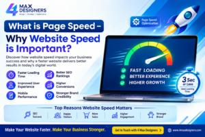 Professional illustration explaining What is Page Speed – Why Website Speed is Important? with website performance, Core Web Vitals, SEO, and fast loading optimization by 4 Max Designers.