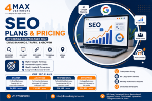 SEO Plans & Pricing banner featuring search engine optimization services, Google ranking, keyword research, website optimization, digital marketing, and SEO solutions by 4 Max Designers in Hyderabad.