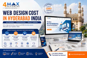 Professional Web Design Cost in Hyderabad India showcasing responsive website development, UI/UX design, SEO-friendly websites, business website design, eCommerce solutions, and digital branding by 4 Max Designers.