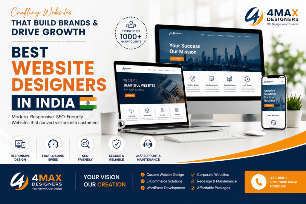Best Website Designers in India creating responsive, SEO-friendly, custom business websites with modern UI/UX design, WordPress development, and digital branding services by 4 Max Designers.
