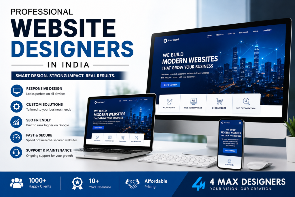 Website Designers in India offering responsive website design, WordPress development, eCommerce websites, business websites, and SEO-friendly web design services by 4 Max Designers.