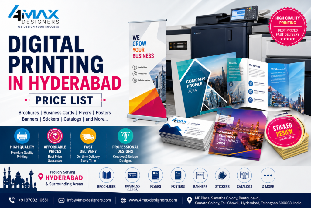 Digital Printing in Hyderabad Price List for brochures, flyers, business cards, posters, banners, stickers, company profiles, and premium marketing materials by 4 Max Designers.