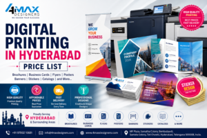 Digital Printing in Hyderabad Price List for brochures, flyers, business cards, posters, banners, stickers, company profiles, and premium marketing materials by 4 Max Designers.
