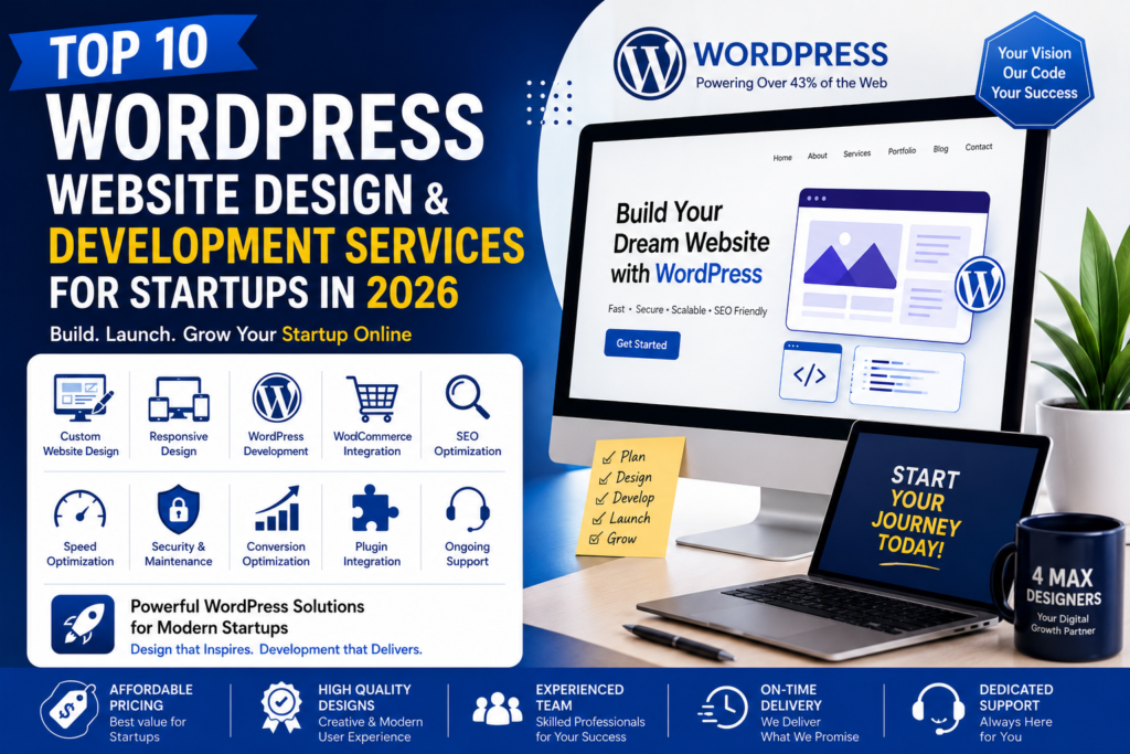 Top 10 WordPress Website Design and Development Services for Startups in 2026 offering responsive WordPress websites, SEO optimization, branding, and digital solutions by 4 Max Designers