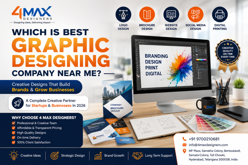 Which is best graphic designing company near me offering logo design, brochure design, branding, website design, social media creatives, and digital printing services by 4 Max Designers