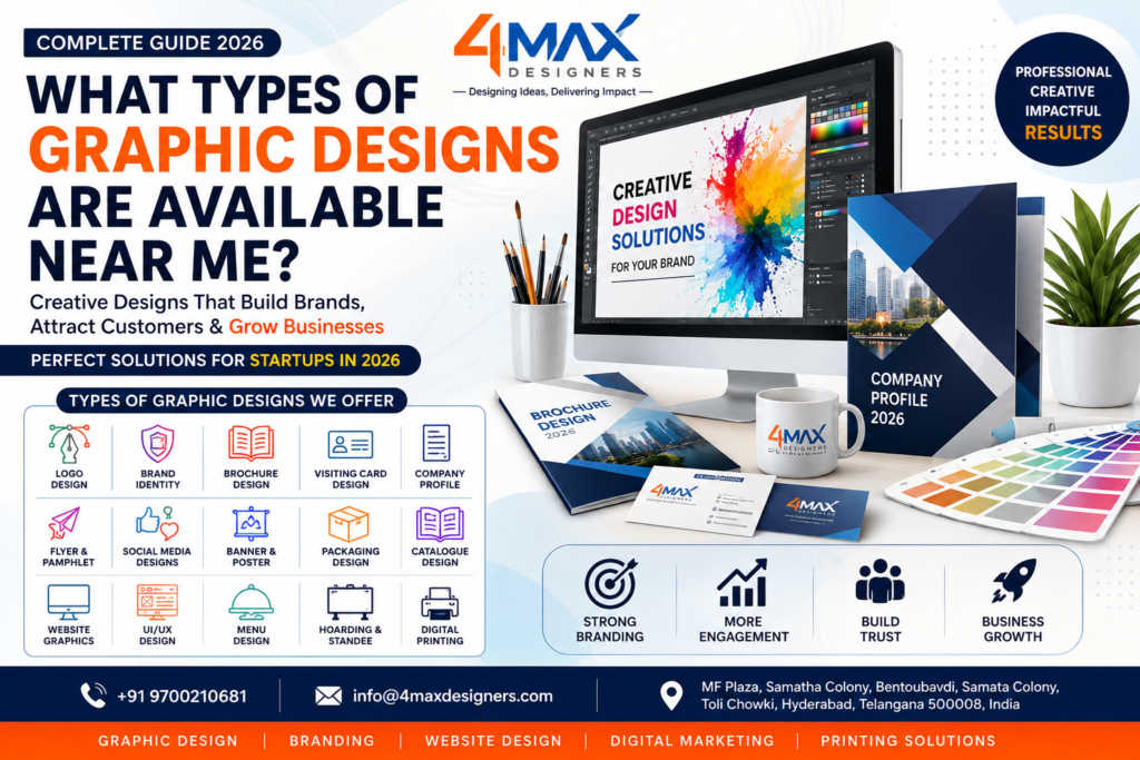 What types of Graphic Designs are available near me including logo design, brochure design, branding, website graphics, packaging design, social media creatives, and digital printing by 4 Max Designers