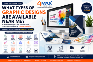 What types of Graphic Designs are available near me including logo design, brochure design, branding, website graphics, packaging design, social media creatives, and digital printing by 4 Max Designers