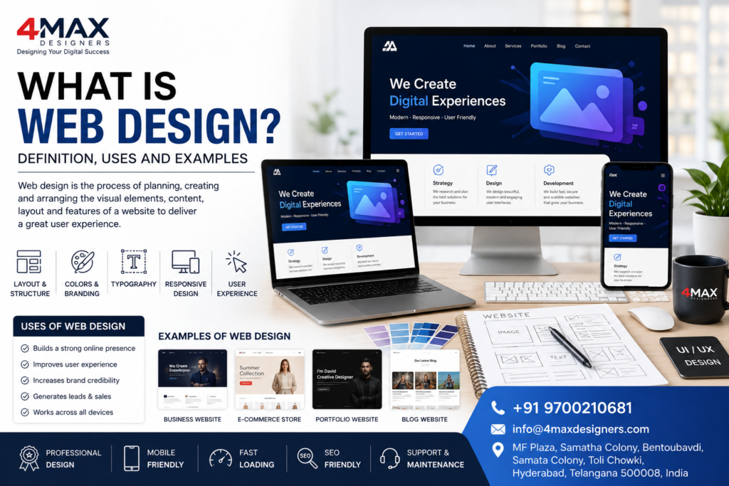 What is web design? Definition, uses and examples illustrated with responsive website layouts, UI design, and modern business website development by 4Max Designers