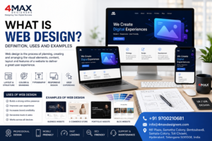 What is web design? Definition, uses and examples illustrated with responsive website layouts, UI design, and modern business website development by 4Max Designers