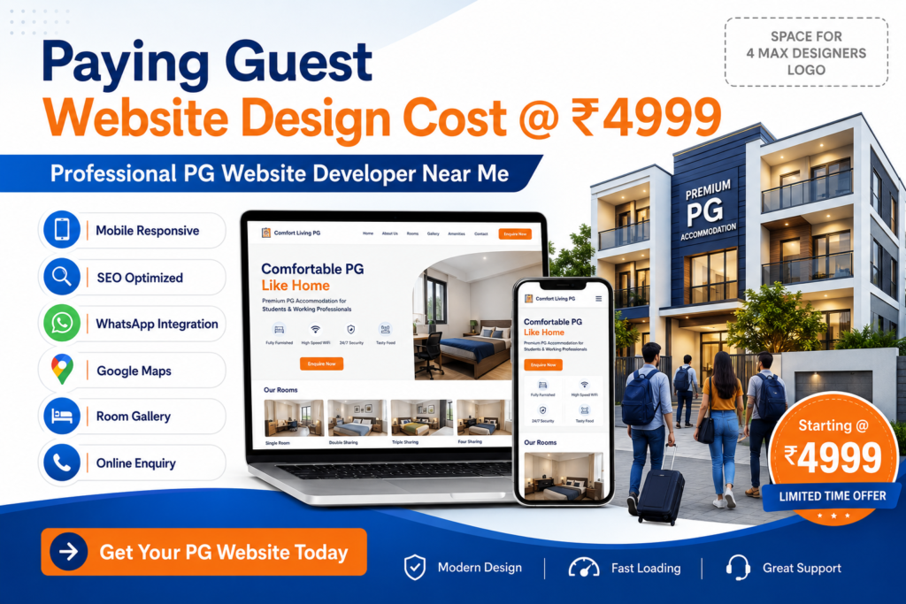 Paying Guest Website Design Cost @ ₹4999 – PG Website Developer Near Me with responsive PG website, online room booking, mobile-friendly design, and SEO optimization by 4 Max Designers