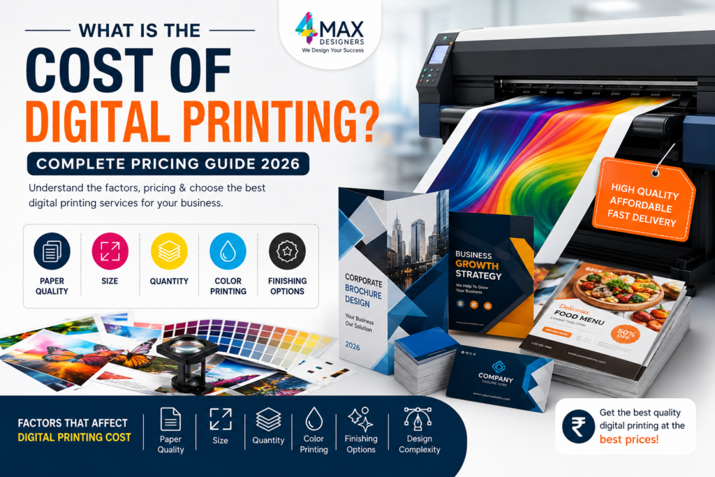 What is the cost of digital printing in Hyderabad for brochures, business cards, flyers, posters, and corporate printing services by 4 Max Designers