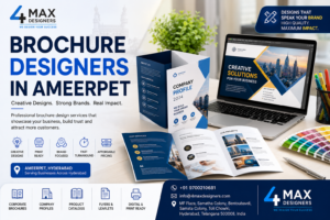 Professional brochure designers in Ameerpet creating corporate brochures, company profiles, product catalogs, business flyers, and premium marketing materials by 4 Max Designers.