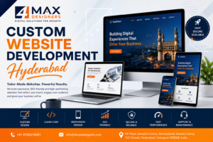 Custom Website Development Hyderabad by 4 Max Designers featuring responsive business websites, professional web development, UI/UX design, SEO optimization, and mobile-friendly website solutions.