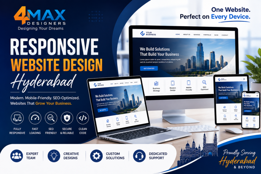 Responsive Website Design Hyderabad by 4 Max Designers featuring mobile-friendly, SEO-optimized, fast-loading, and custom business website development for all devices.
