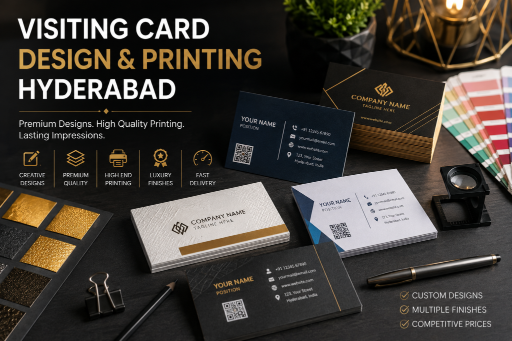 Visiting Card Design and Printing Hyderabad featuring premium business cards, luxury finishes, custom branding, QR code business cards, foil printing, and professional printing services by 4 Max Designers.