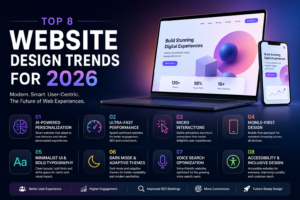 Top 8 Website Design Trends for 2026 including AI web design, mobile-first layouts, responsive websites, and SEO-friendly web development