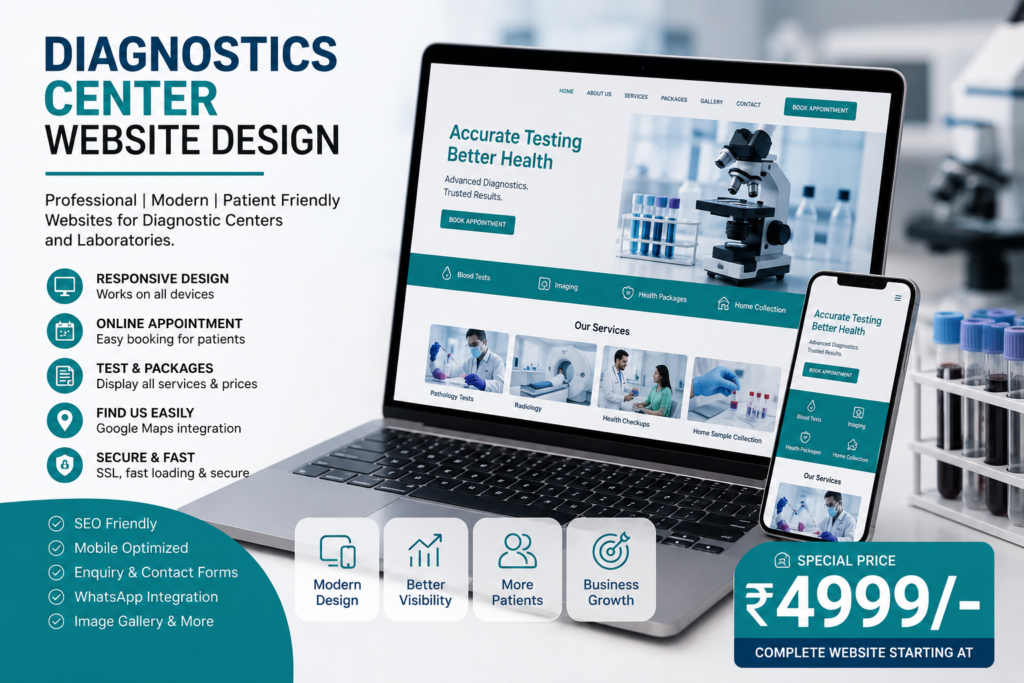 Modern Diagnostics Center Website Design Rs.4999 for pathology laboratories, diagnostic centers, and healthcare clinics by 4 Max Designers