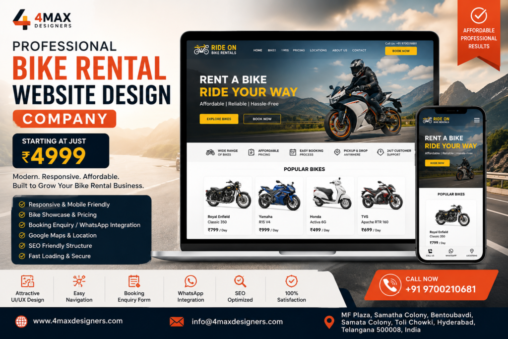 Bike Rental Design Company Rs4999 for bike rental businesses, scooter rentals, self-drive bikes and motorcycle rental services