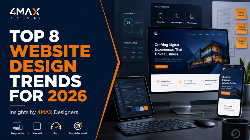 Top 8 Website Design Trends for 2026 by 4Max Designers featuring modern responsive business website design